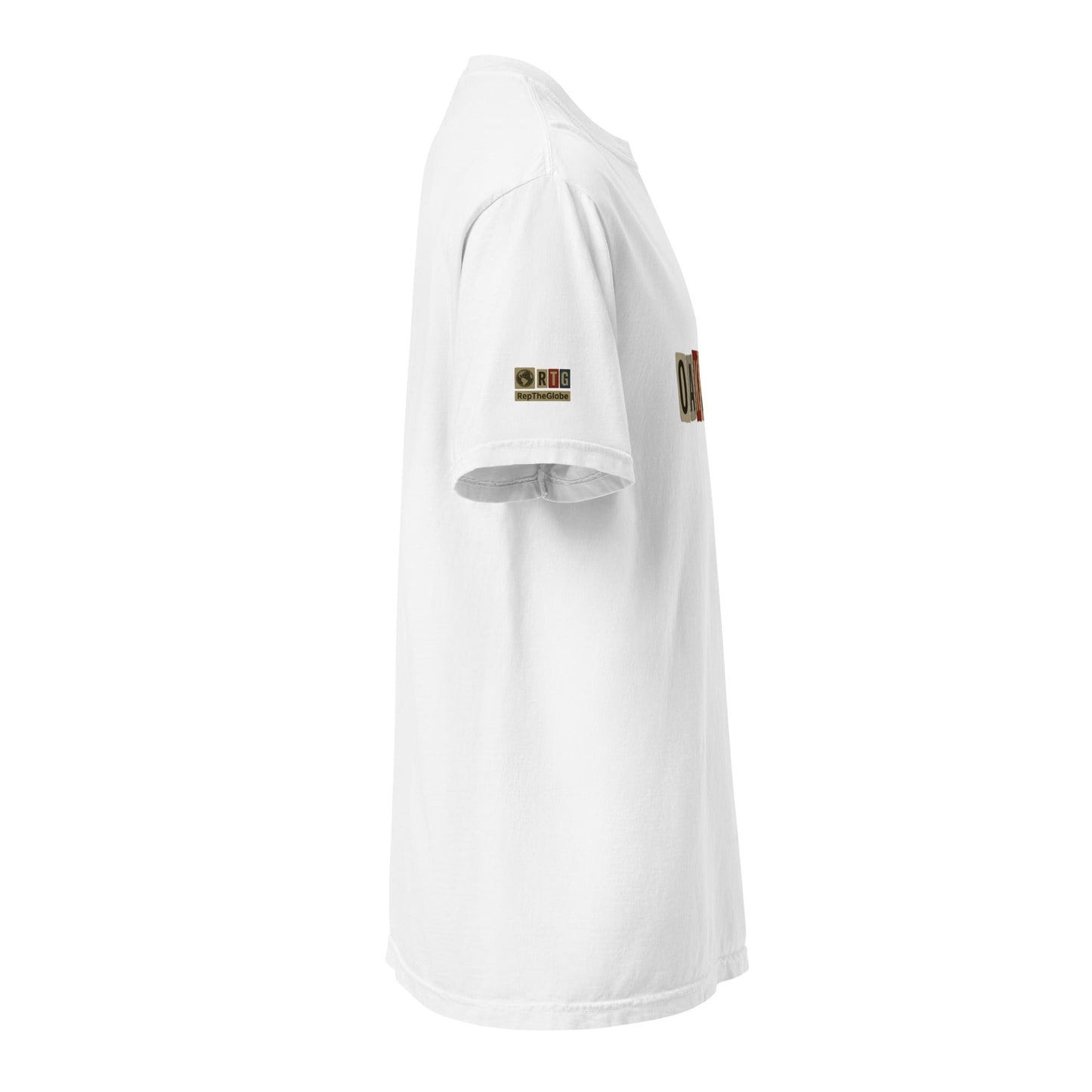 Oakland-Unisex garment-dyed heavyweight white t-shirt side view made of 100% ring-spun cotton with durable stitching and relaxed fit