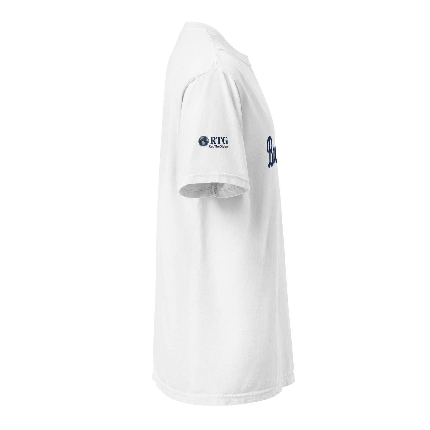 White Brazil-Unisex garment-dyed heavyweight t-shirt side view with RTG logo on sleeve, made of 100% ring-spun cotton