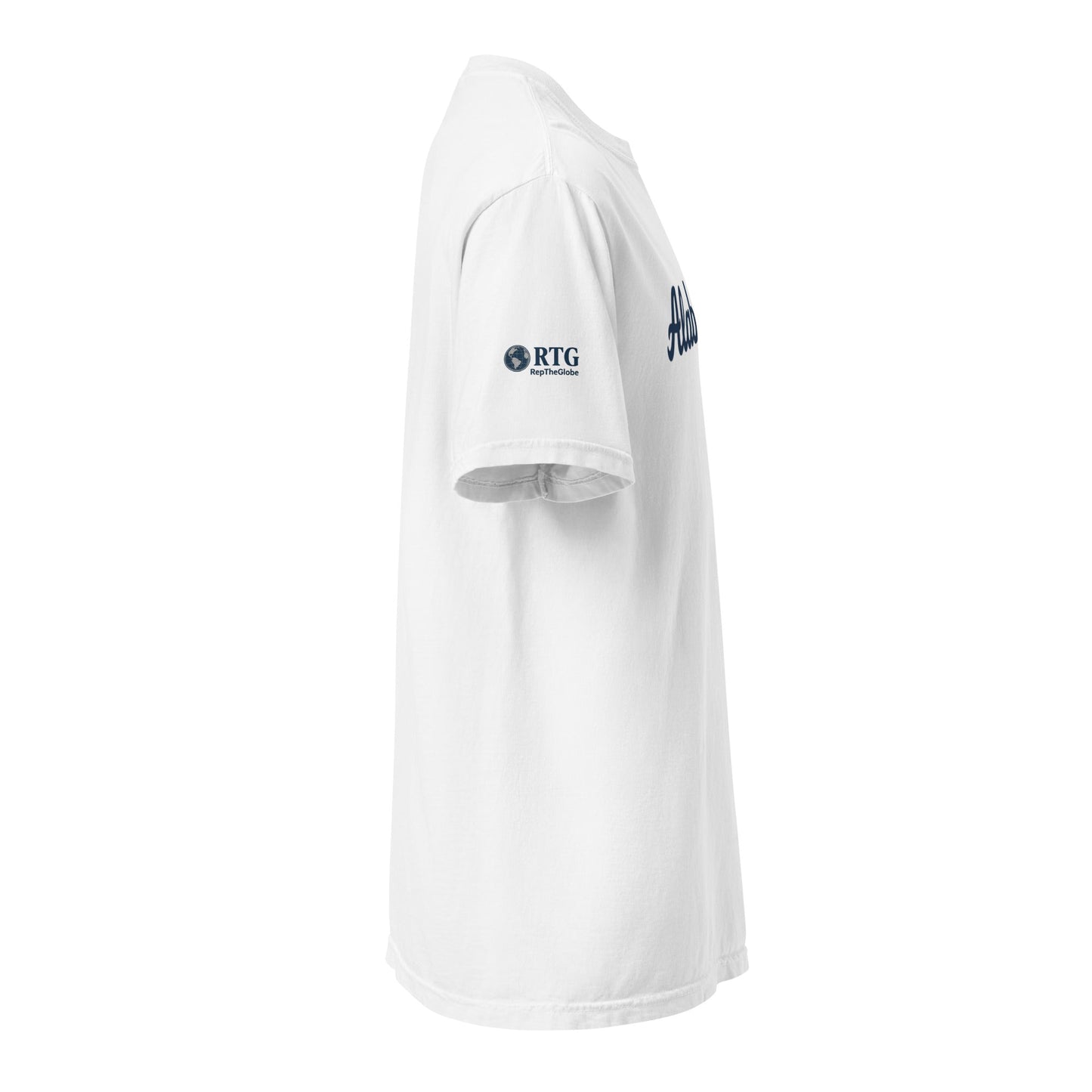 White Alabama-Unisex garment-dyed heavyweight t-shirt side view with blue logo on sleeve and chest, made of 100% ring-spun cotton