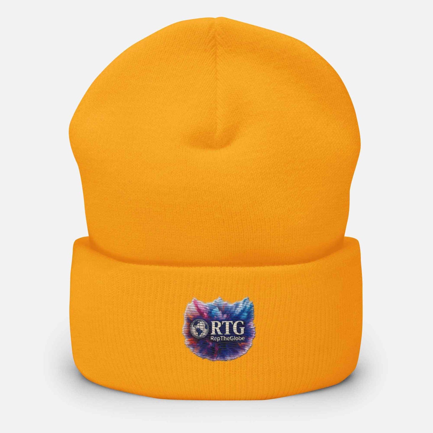 Yellow RTG-Explosion-Cuffed Beanie made of 100% turbo acrylic with a colorful logo patch, unisex and hypoallergenic.