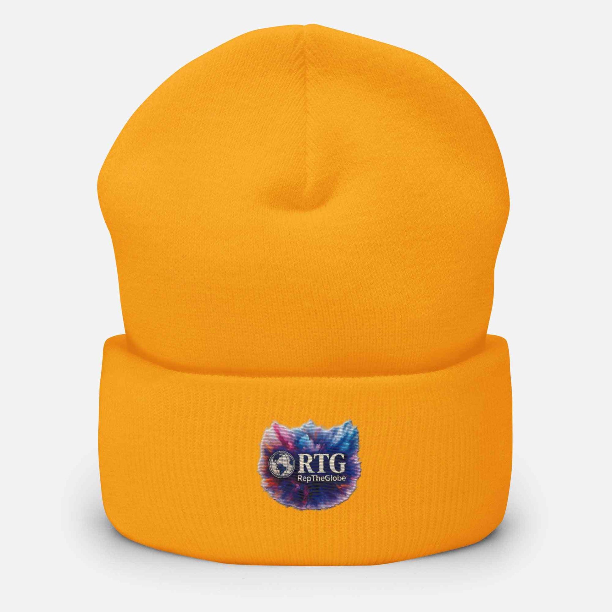 Yellow RTG-Explosion-Cuffed Beanie made of 100% turbo acrylic with a colorful logo patch, unisex and hypoallergenic.
