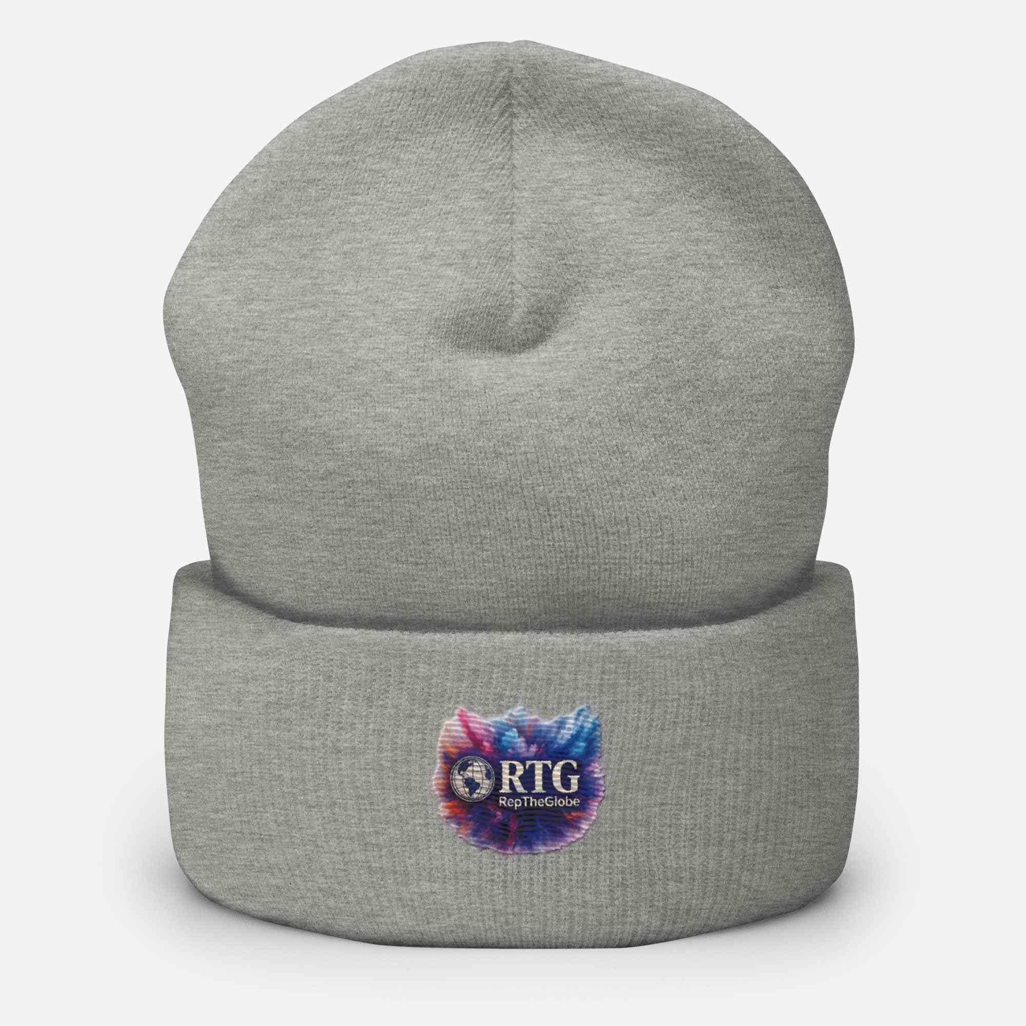 Grey RTG-Explosion-Cuffed Beanie with colorful embroidered logo, snug fit, unisex, 100% turbo acrylic, hypoallergenic, hand washable
