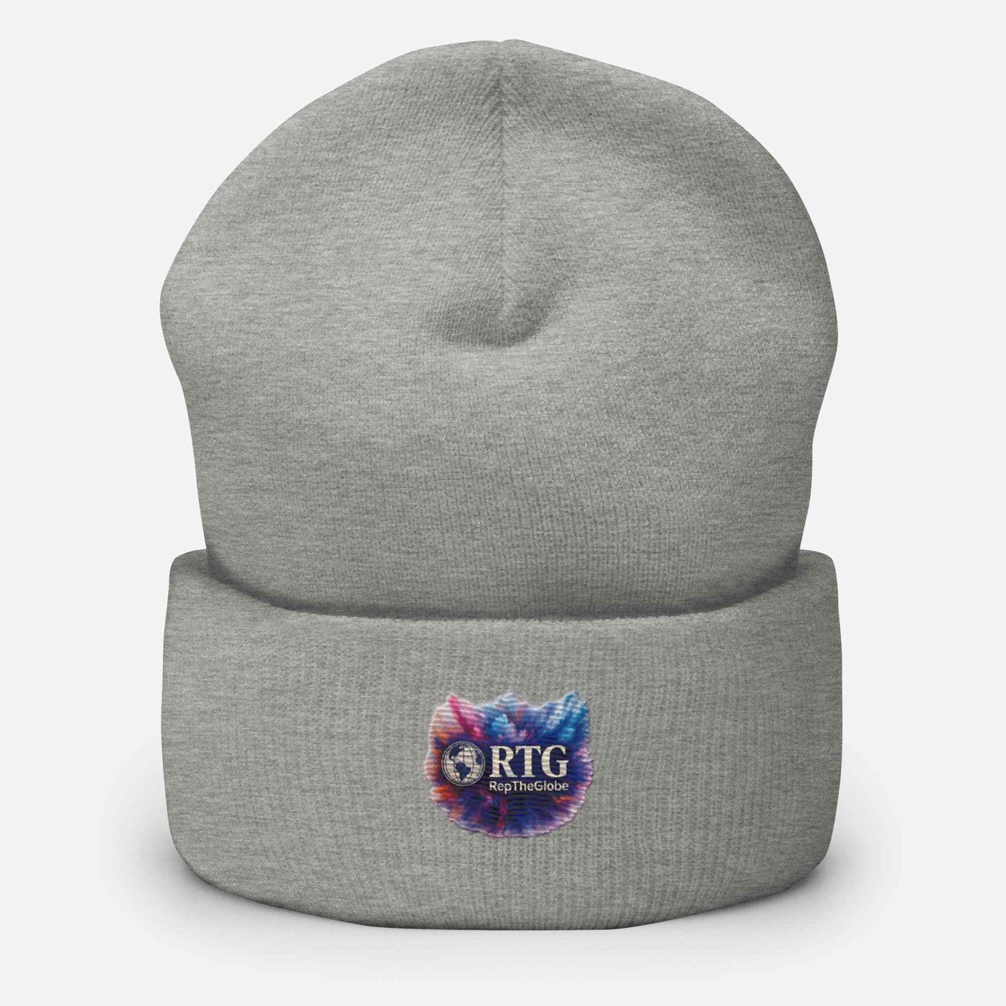 Grey RTG-Explosion-Cuffed Beanie with colorful embroidered logo, snug fit, unisex, 100% turbo acrylic, hypoallergenic, hand washable