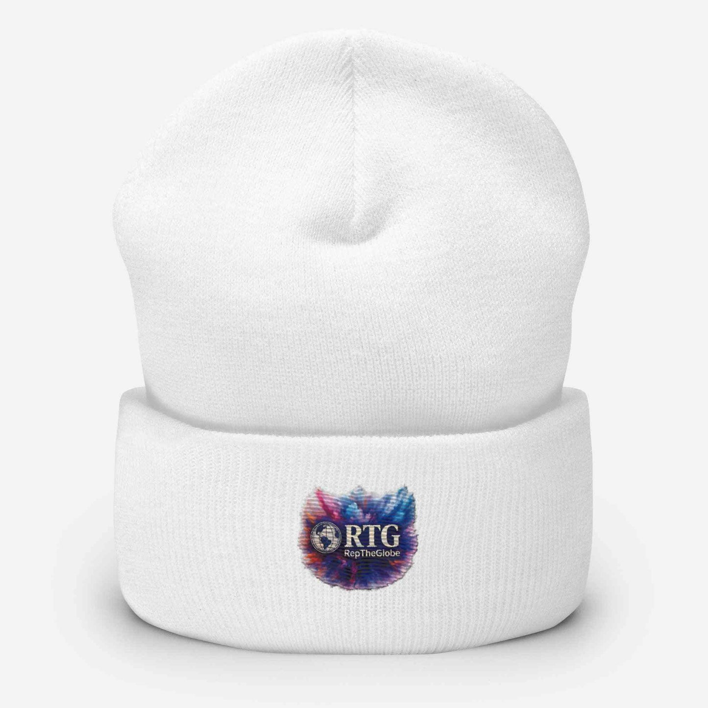 White RTG-Explosion-Cuffed Beanie with colorful logo patch, snug fit and cuffed design