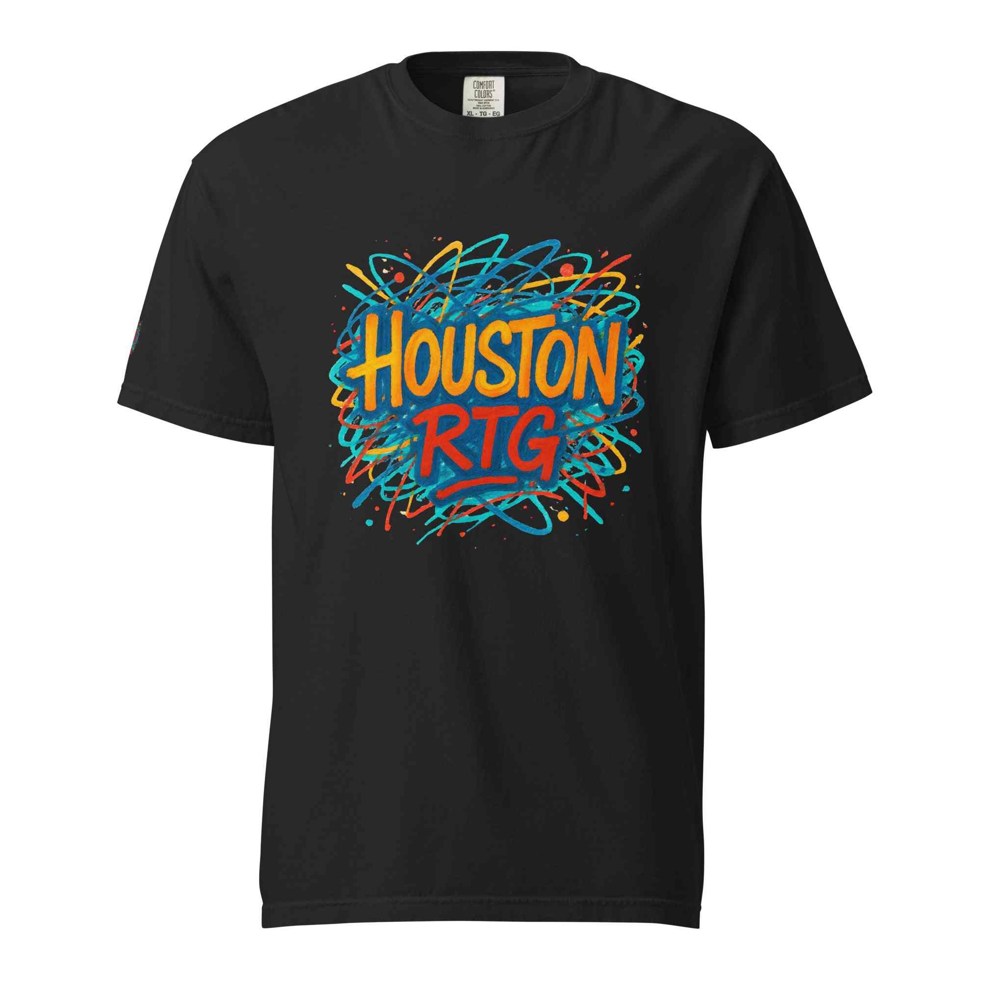 Houston-Unisex garment-dyed heavyweight black t-shirt with colorful Houston RTG graphic design, 100% ring-spun cotton, relaxed fit
