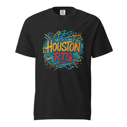 Houston-Unisex garment-dyed heavyweight black t-shirt with colorful Houston RTG graphic design, 100% ring-spun cotton, relaxed fit