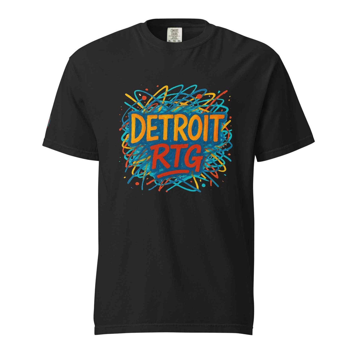 Detroit-Unisex garment-dyed heavyweight black t-shirt with colorful Detroit RTG graphic design
