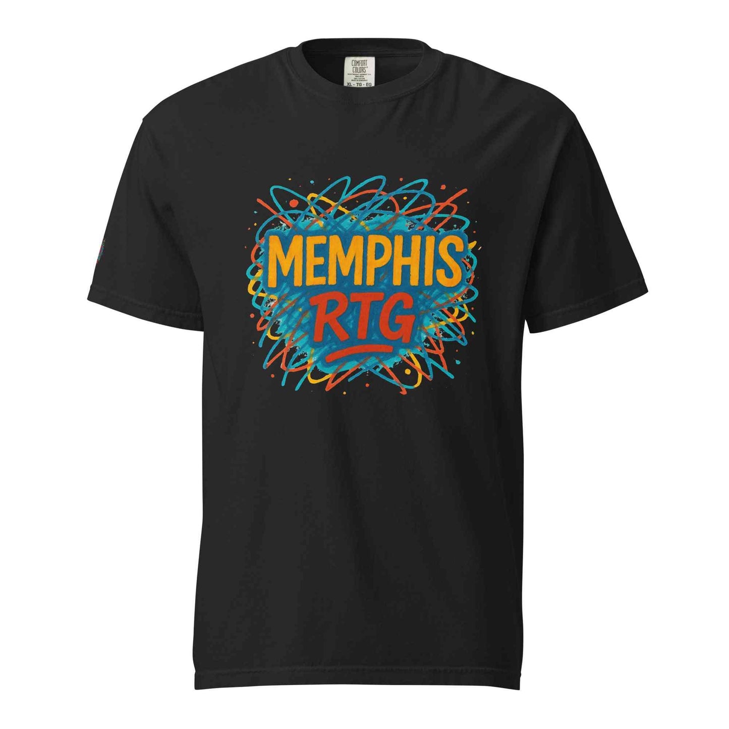 Black unisex garment-dyed heavyweight t-shirt with colorful Memphis RTG graphic design