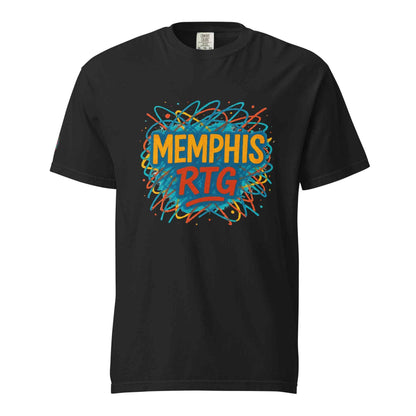 Black unisex garment-dyed heavyweight t-shirt with colorful Memphis RTG graphic design
