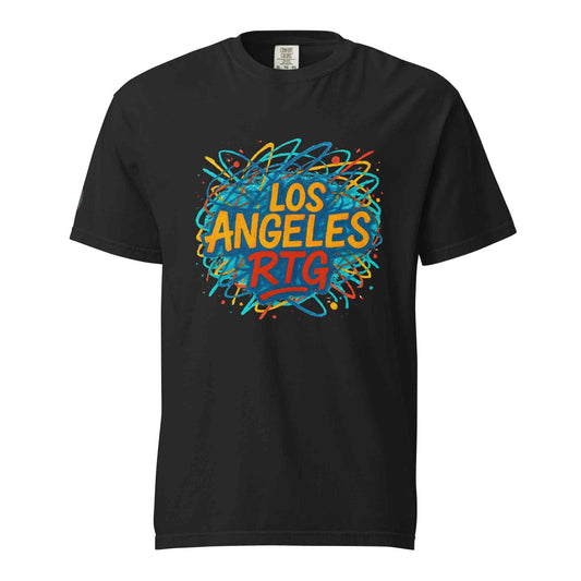 Black unisex Los Angeles-Unisex garment-dyed heavyweight t-shirt with colorful graphic design on front