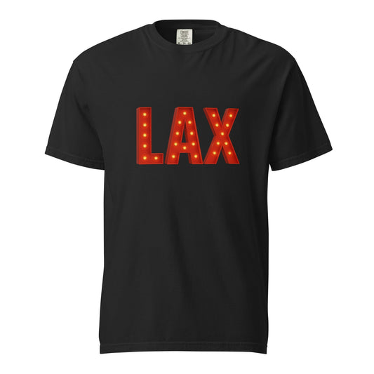 Los Angeles-Unisex garment-dyed heavyweight black t-shirt with LAX marquee print, 100% ring-spun cotton, relaxed fit