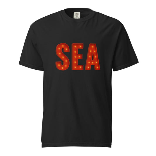Seattle-Unisex garment-dyed heavyweight black t-shirt with SEA light bulb graphic, 100% ring-spun cotton, relaxed fit, durable stitching