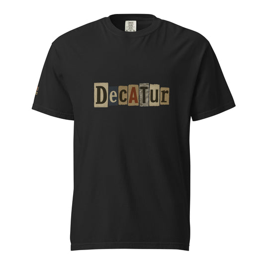 Black Decatur-Unisex garment-dyed heavyweight t-shirt with multicolor block letter design on front, 100% ring-spun cotton, relaxed fit.