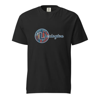 Lexington-Unisex black heavyweight cotton t-shirt with city skyline logo and relaxed fit