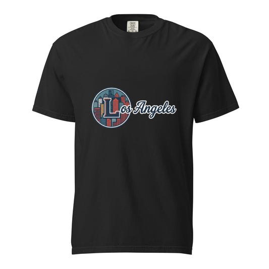 Los Angeles-Unisex garment-dyed heavyweight black t-shirt with city skyline graphic and soft breathable cotton fabric