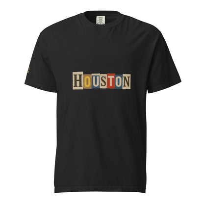 Houston-Unisex garment-dyed heavyweight black t-shirt with colorful Houston text design, 100% ring-spun cotton, breathable and durable material