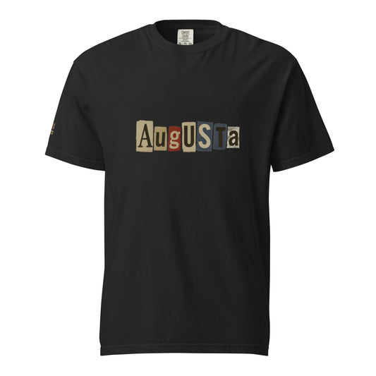 Black Augusta-Unisex garment-dyed heavyweight t-shirt with colorful block letter design on front, made of 100% ring-spun cotton with relaxed fit and durable stitching.