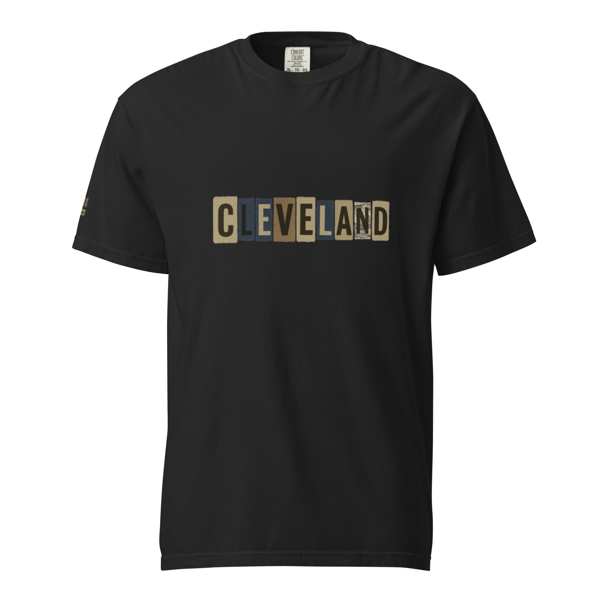 Cleveland-Unisex garment-dyed heavyweight black t-shirt with block letter design made of 100% ring-spun cotton