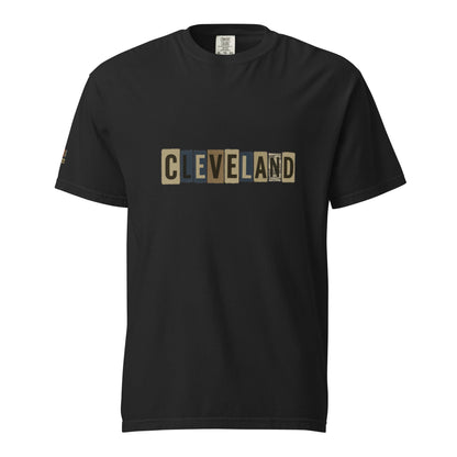 Cleveland-Unisex garment-dyed heavyweight black t-shirt with block letter design made of 100% ring-spun cotton