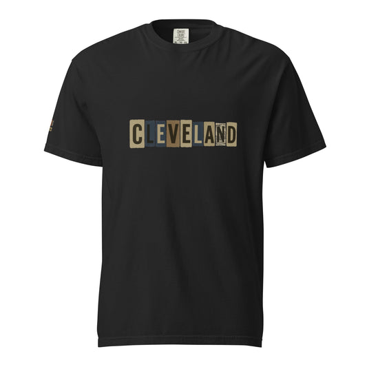 Cleveland-Unisex garment-dyed heavyweight black t-shirt with block letter design made of 100% ring-spun cotton