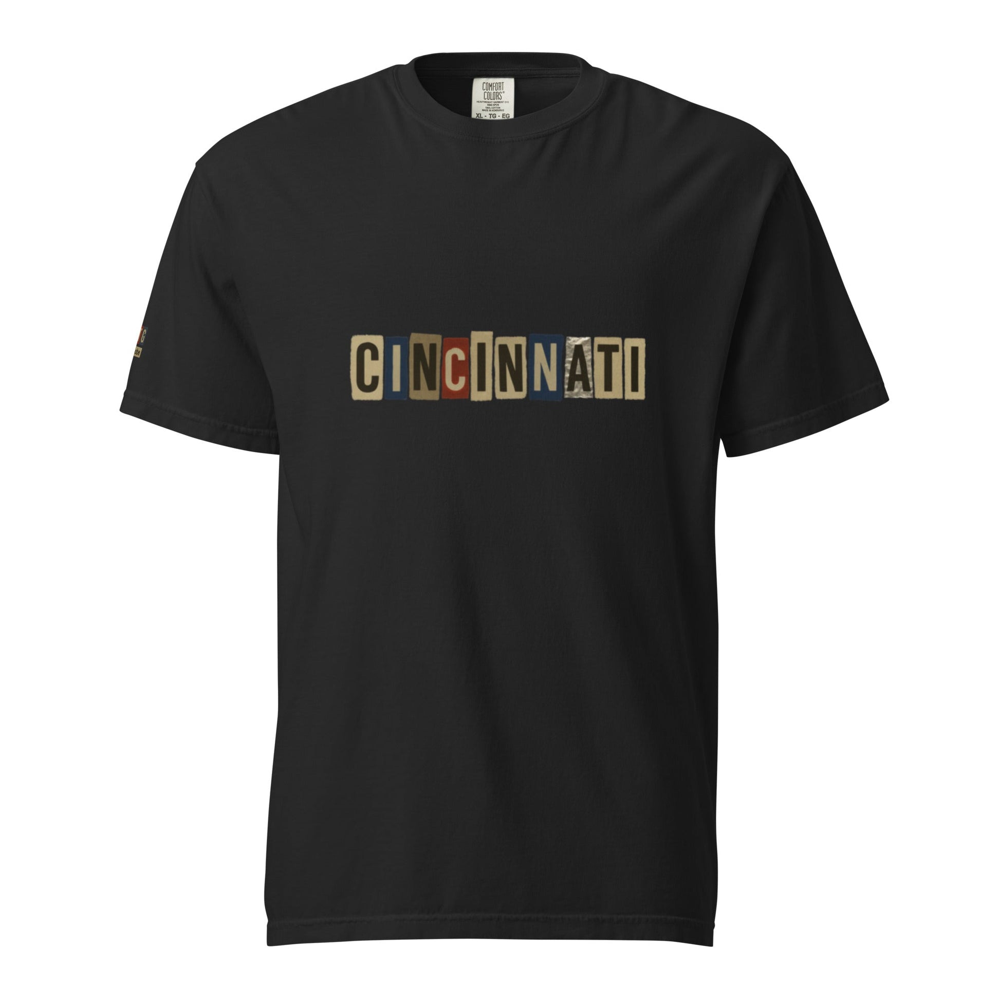 Cincinnati-Unisex garment-dyed heavyweight black t-shirt with vintage block lettering design, 100% ring-spun cotton, relaxed fit