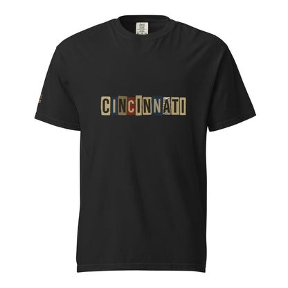 Cincinnati-Unisex garment-dyed heavyweight black t-shirt with vintage block lettering design, 100% ring-spun cotton, relaxed fit