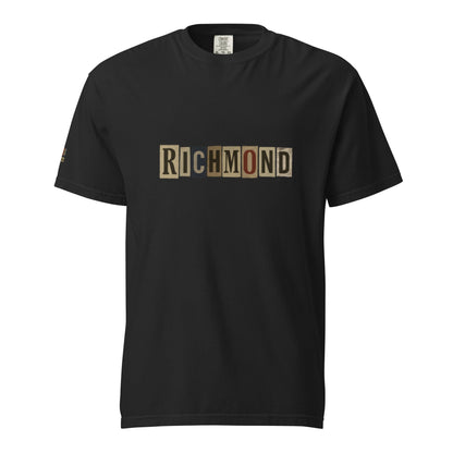 Richmond-Unisex garment-dyed heavyweight black t-shirt with graphic text design, 100% ring-spun cotton, relaxed fit, durable double-needle stitching