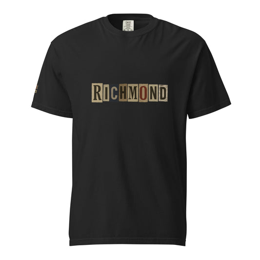 Richmond-Unisex garment-dyed heavyweight black t-shirt with graphic text design, 100% ring-spun cotton, relaxed fit, durable double-needle stitching