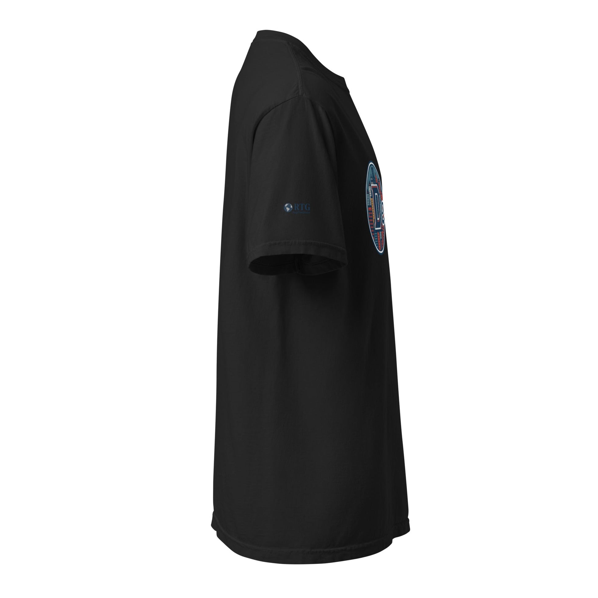 Denver-Unisex garment-dyed heavyweight black t-shirt side view, 100% ring-spun cotton, relaxed fit, durable stitching