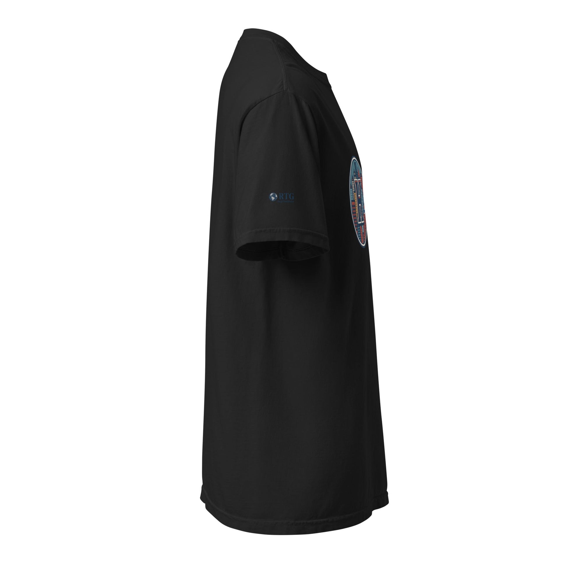 Houston-Unisex garment-dyed heavyweight black t-shirt side view made of 100% ring-spun cotton with relaxed fit and durable stitching