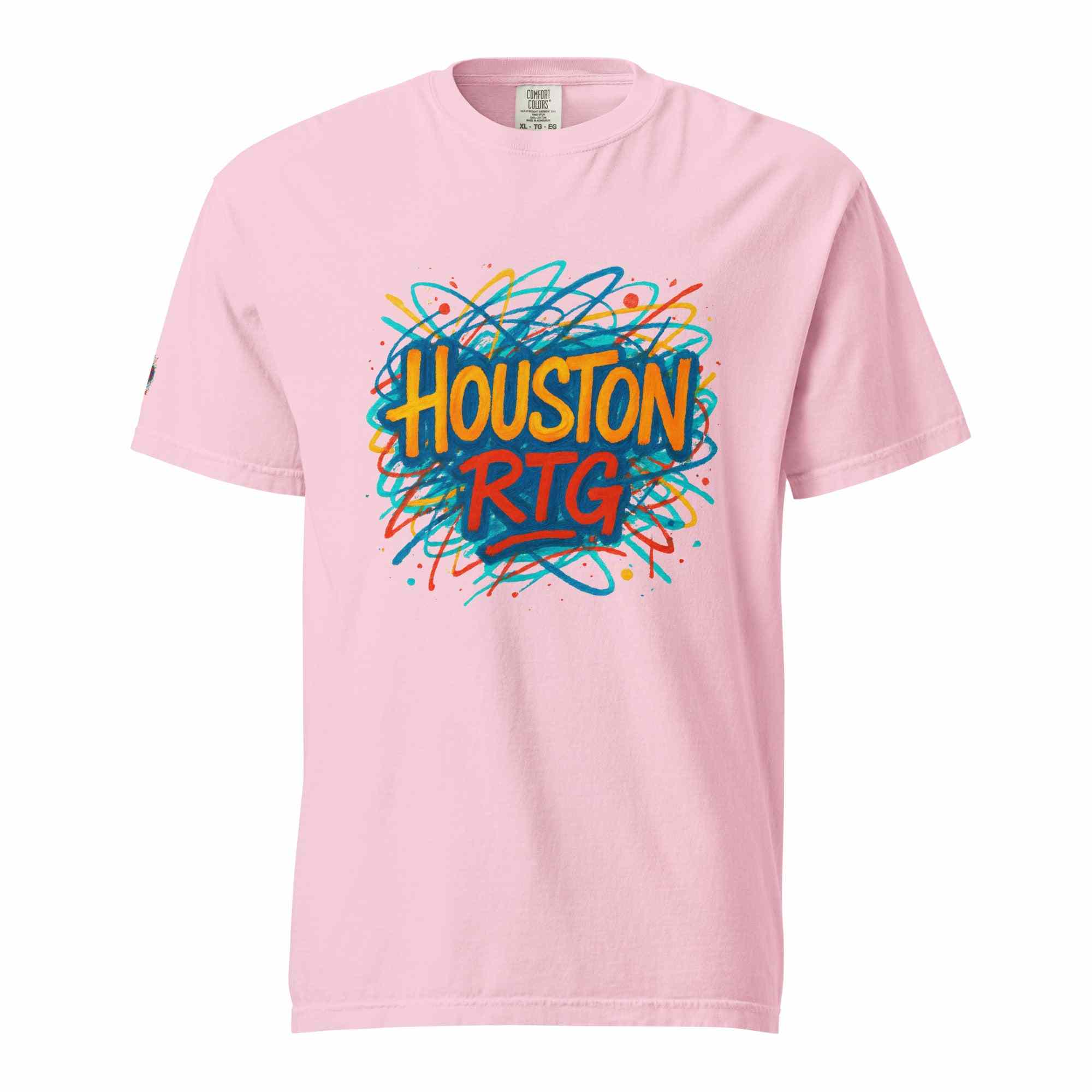 Houston-Unisex garment-dyed heavyweight t-shirt in pink with colorful Houston RTG graphic, 100% ring-spun cotton, relaxed fit, durable construction