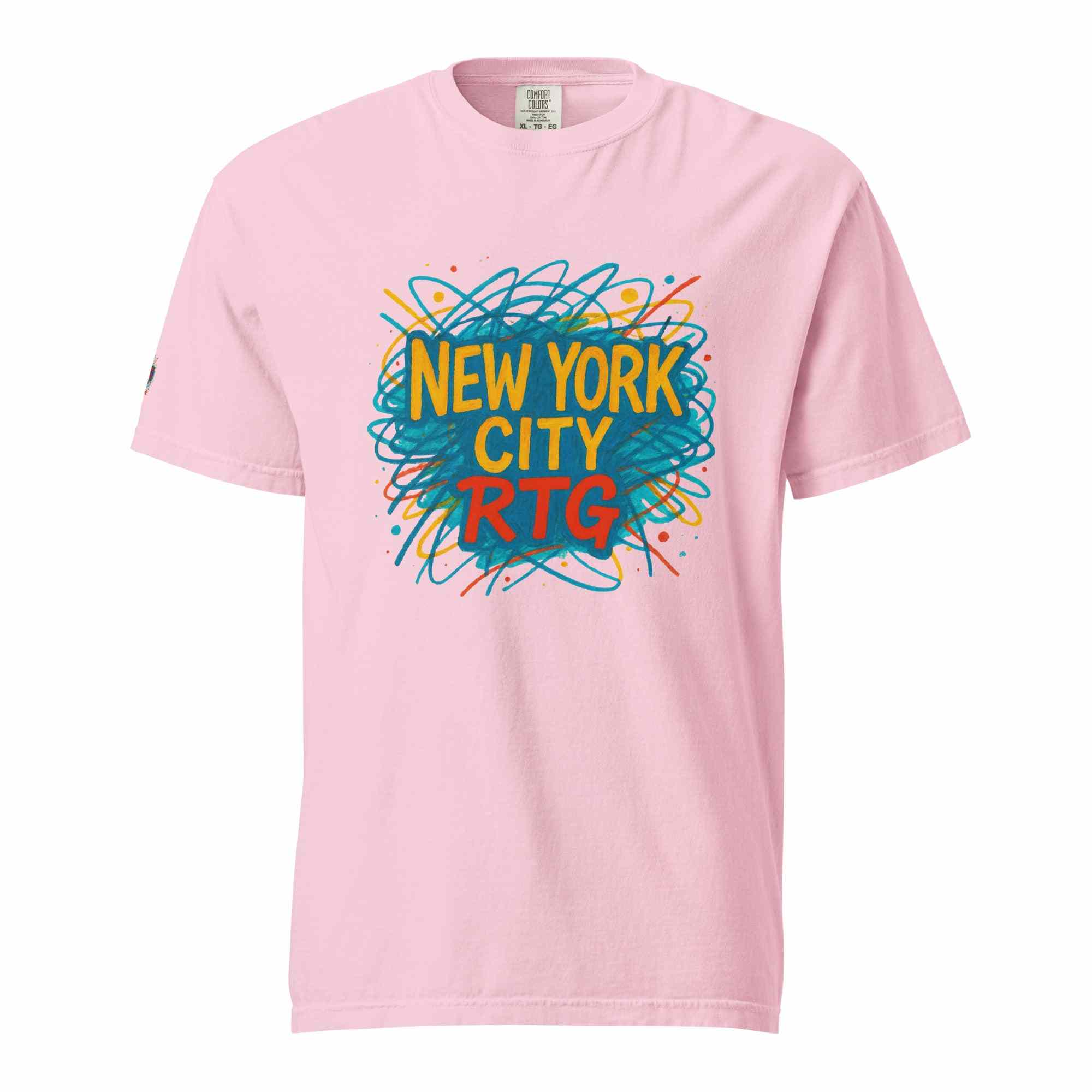 New York City-Unisex garment-dyed heavyweight pink t-shirt with colorful graphic design