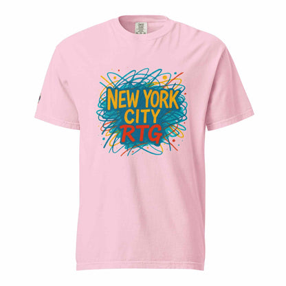 New York City-Unisex garment-dyed heavyweight pink t-shirt with colorful graphic design