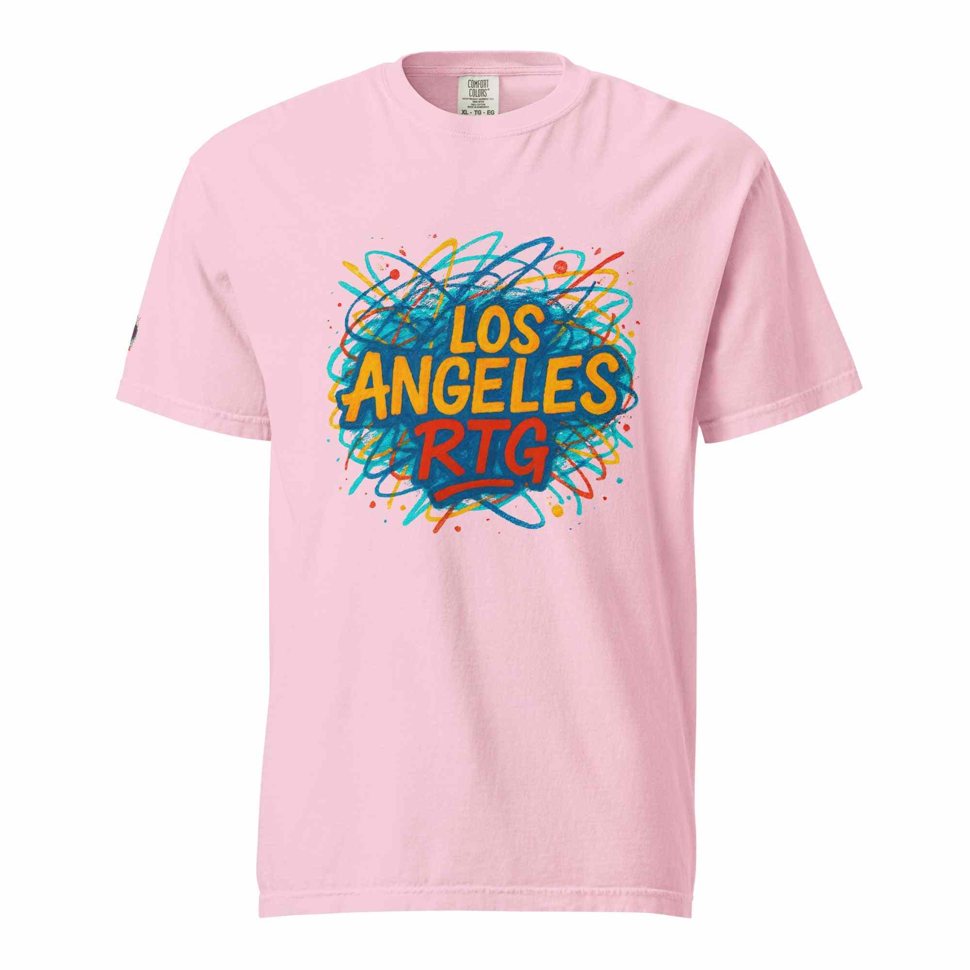 Los Angeles-Unisex garment-dyed heavyweight pink t-shirt with colorful graphic print, 100% ring-spun cotton, relaxed fit