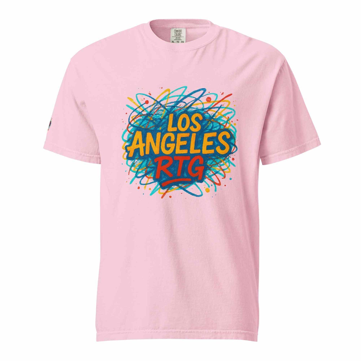 Los Angeles-Unisex garment-dyed heavyweight pink t-shirt with colorful graphic print, 100% ring-spun cotton, relaxed fit