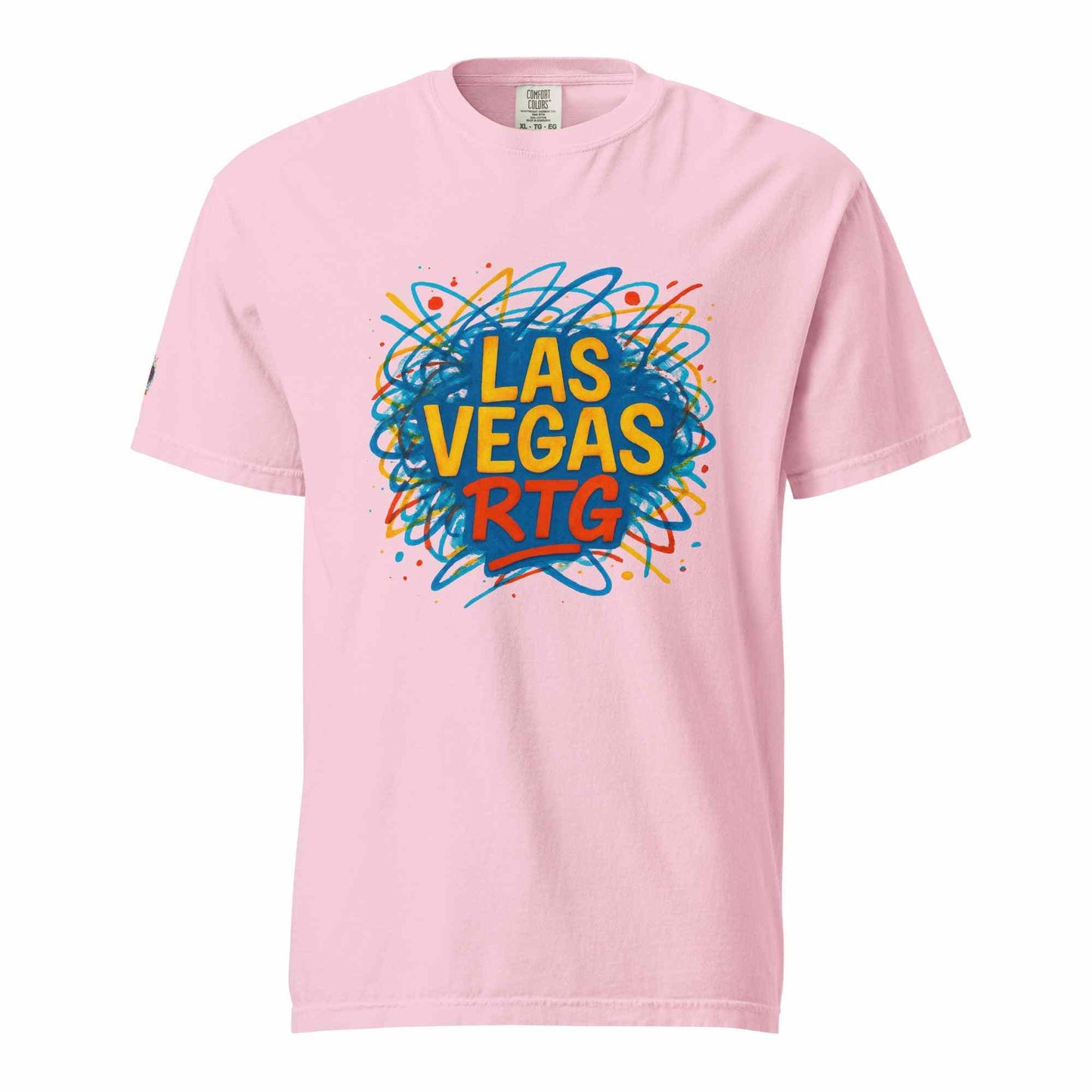 Los Vegas-Unisex garment-dyed heavyweight pink t-shirt with colorful graphic print, 100% ring-spun cotton, relaxed fit