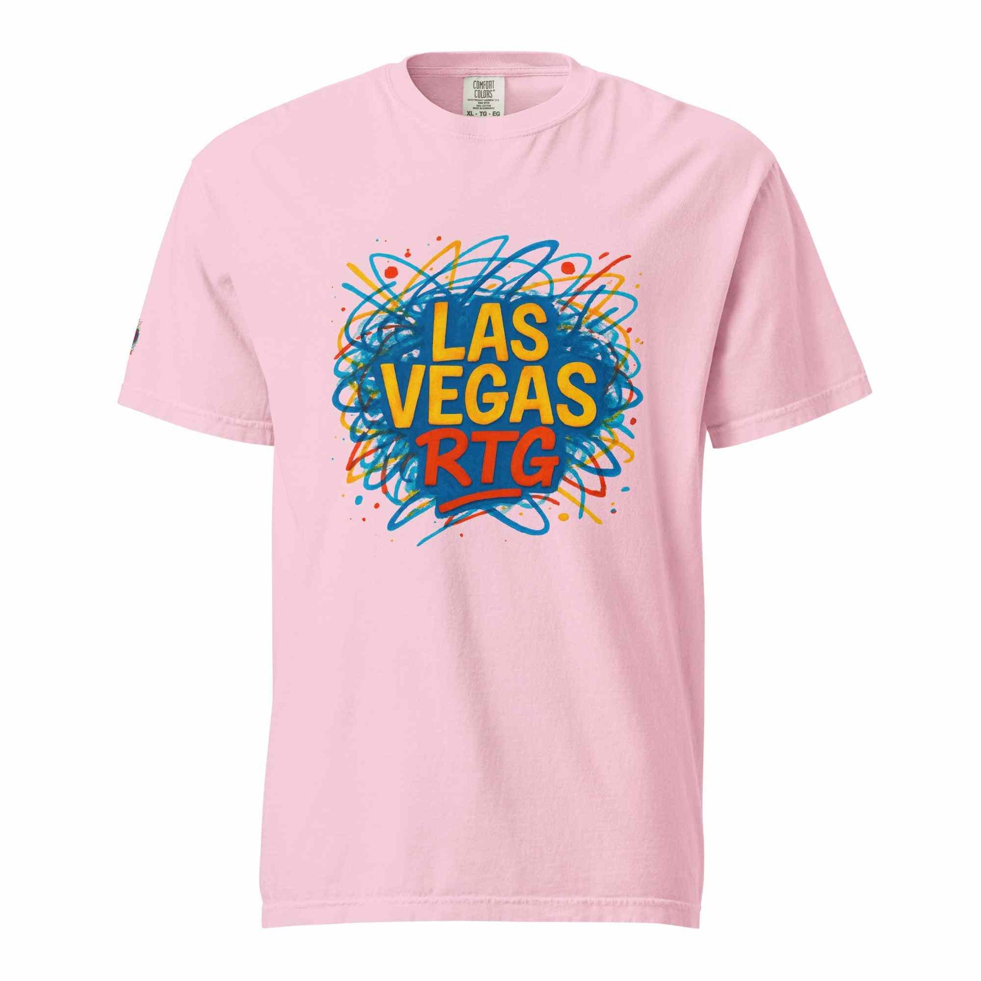 Los Vegas-Unisex garment-dyed heavyweight pink t-shirt with colorful graphic print, 100% ring-spun cotton, relaxed fit