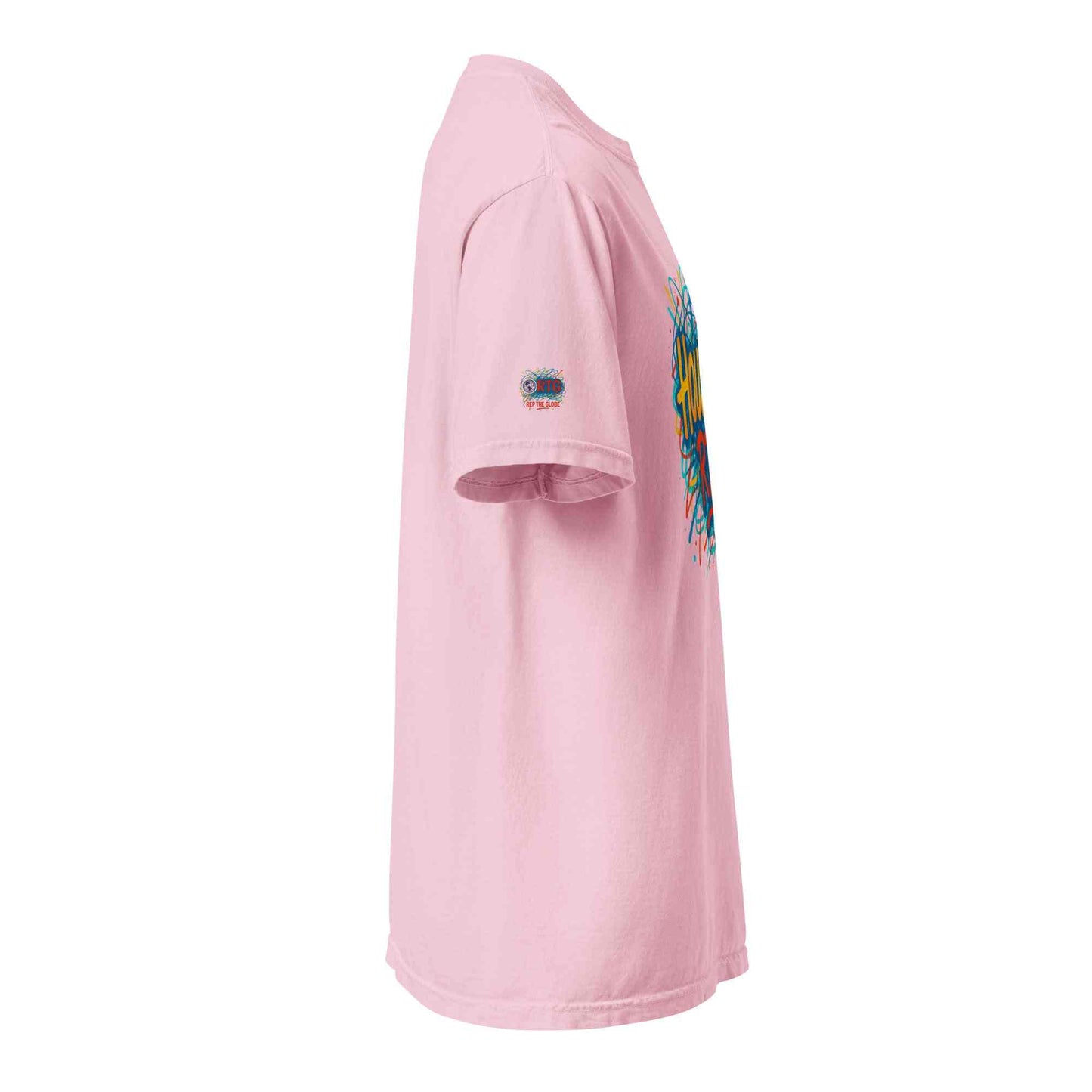 Houston-Unisex garment-dyed heavyweight pink t-shirt side view made of 100% ring-spun cotton