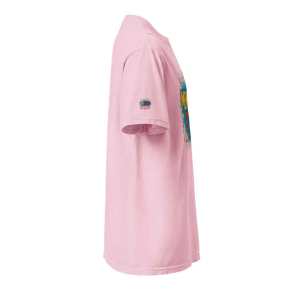 Side view of unisex garment-dyed heavyweight pink t-shirt with colorful graphic on front and logo on sleeve