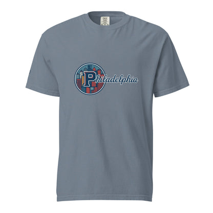Philadelphia-Unisex garment-dyed heavyweight grey cotton t-shirt with city skyline graphic and relaxed fit