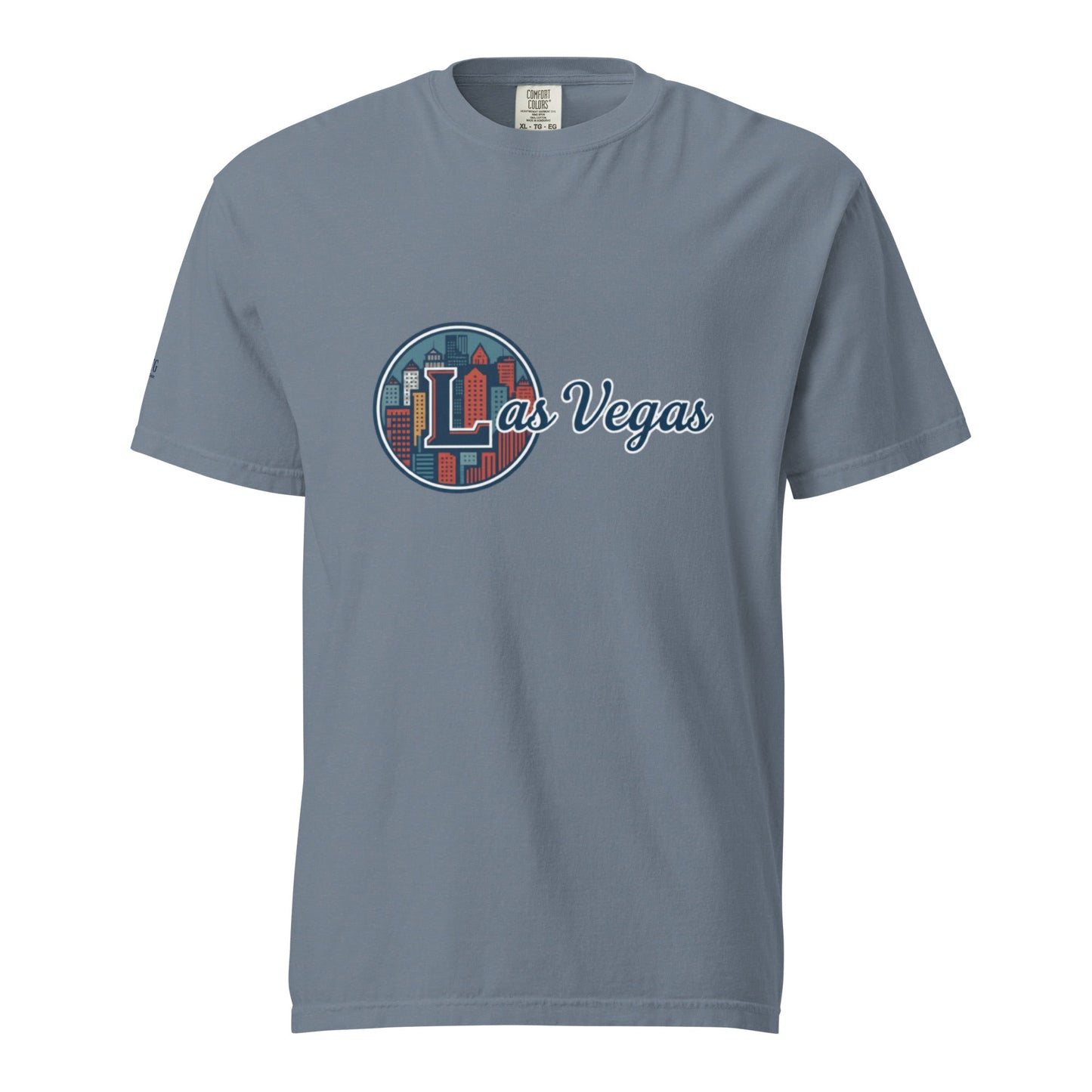 Las Vegas-Unisex garment-dyed heavyweight t-shirt in blue with city skyline graphic and soft breathable cotton fabric