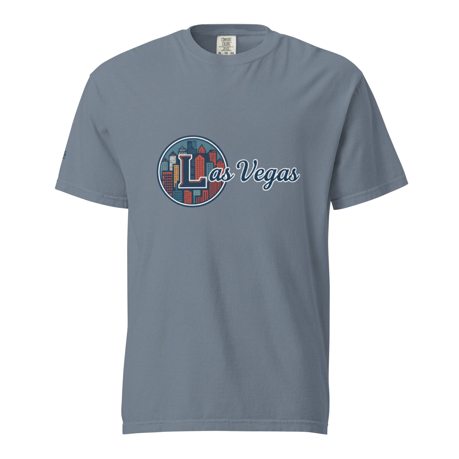 Las Vegas-Unisex garment-dyed heavyweight t-shirt in blue with city skyline graphic and soft breathable cotton fabric