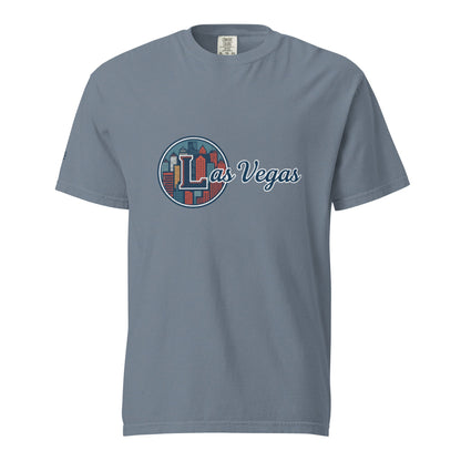 Las Vegas-Unisex garment-dyed heavyweight t-shirt in blue with city skyline graphic and soft breathable cotton fabric