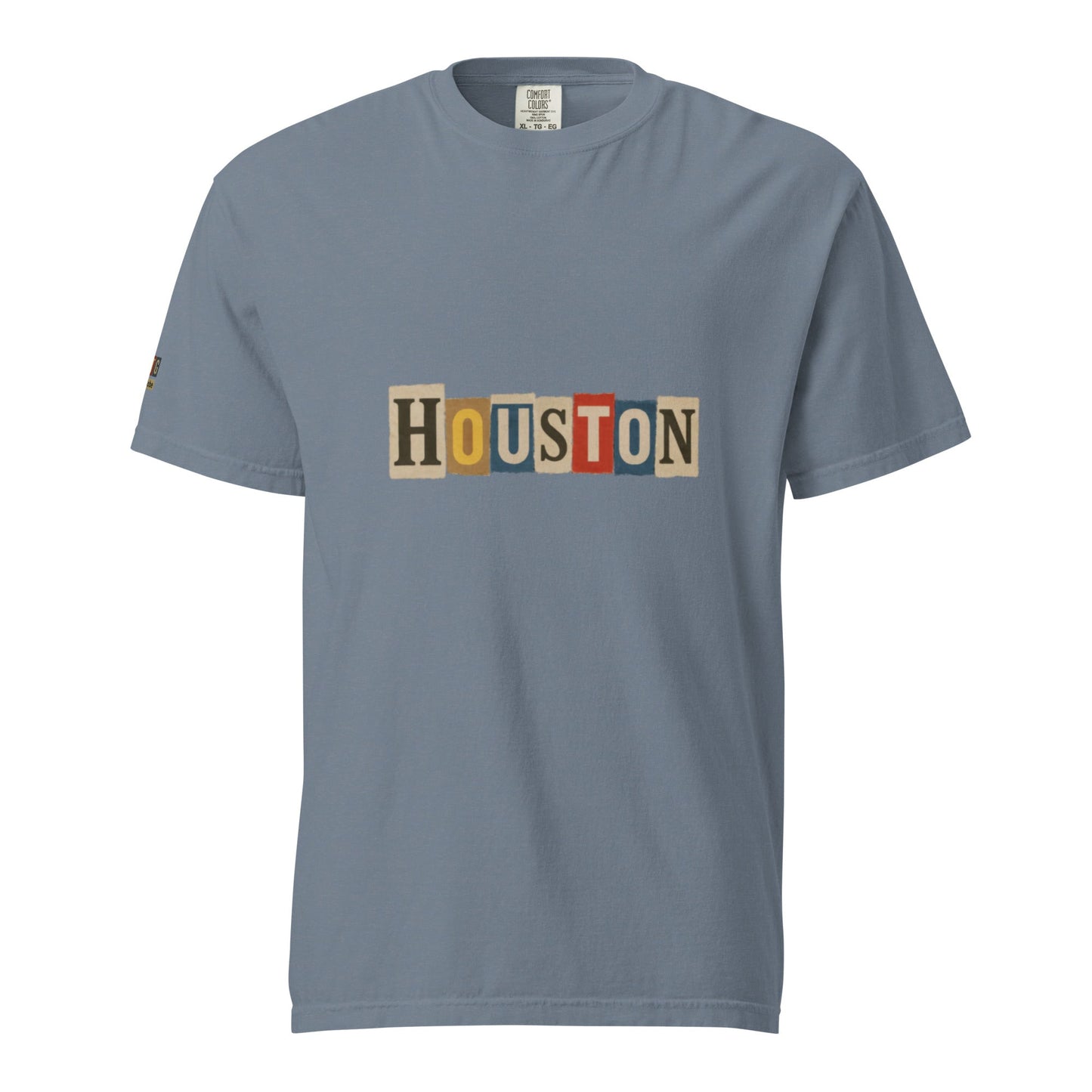 Houston-Unisex garment-dyed heavyweight t-shirt in blue with vintage-style multicolor "Houston" text on front