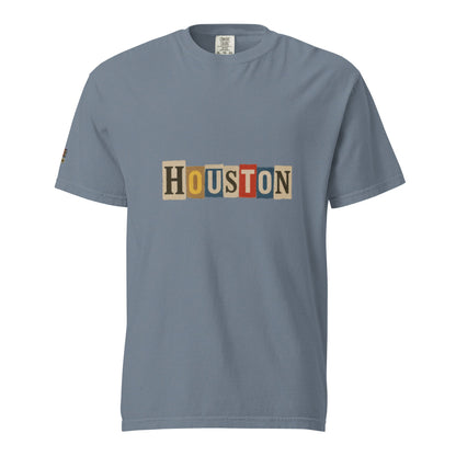 Houston-Unisex garment-dyed heavyweight t-shirt in blue with vintage-style multicolor "Houston" text on front
