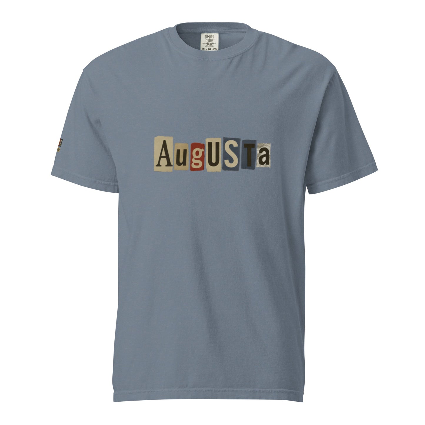Augusta-Unisex garment-dyed heavyweight t-shirt in blue with colorful block lettering design, made of 100% ring-spun cotton.