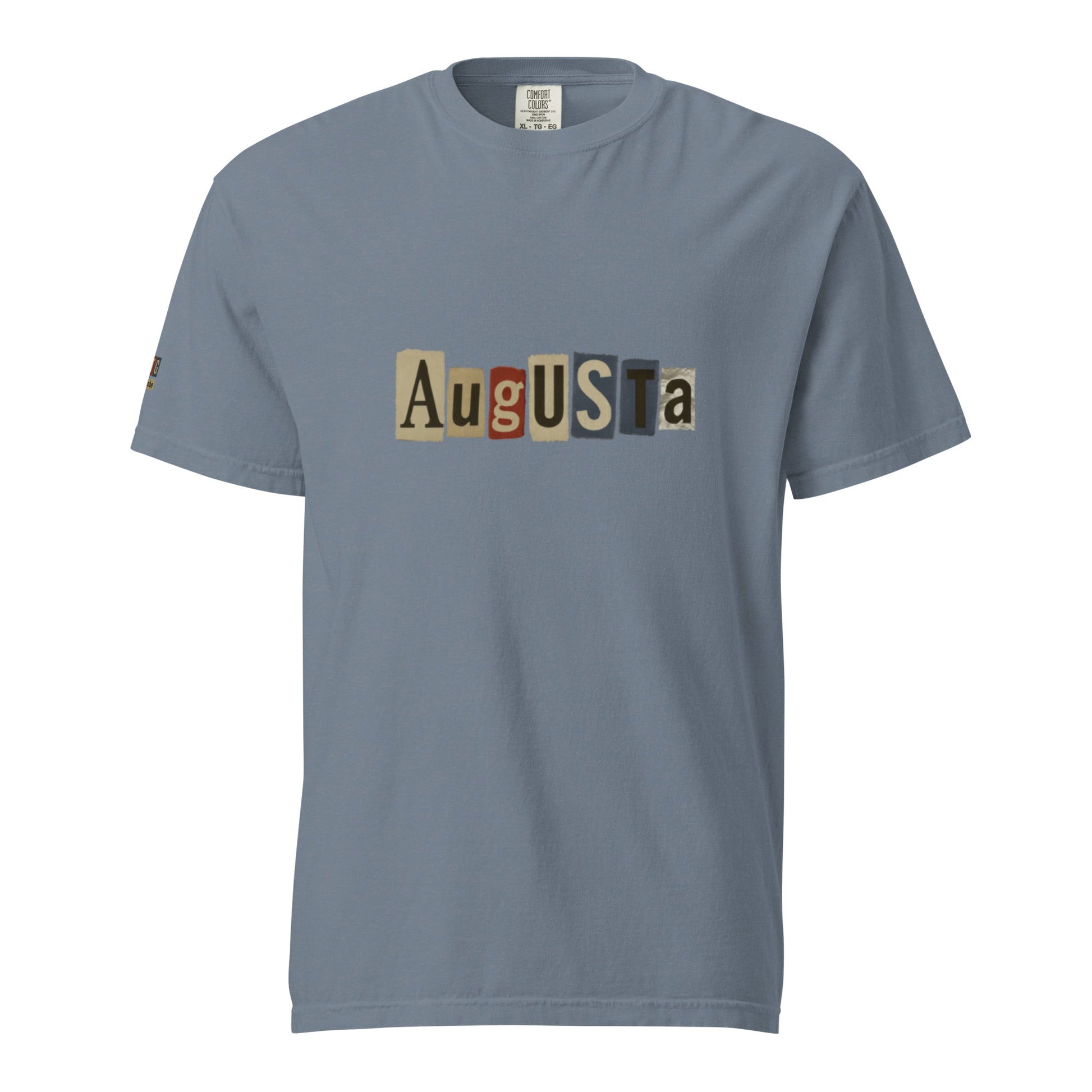Augusta-Unisex garment-dyed heavyweight t-shirt in blue with colorful block lettering design, made of 100% ring-spun cotton.