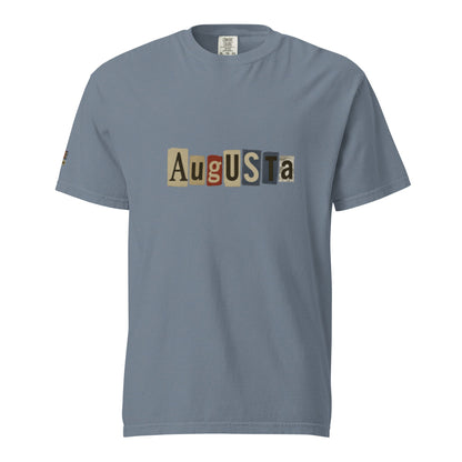 Augusta-Unisex garment-dyed heavyweight t-shirt in blue with colorful block lettering design, made of 100% ring-spun cotton.