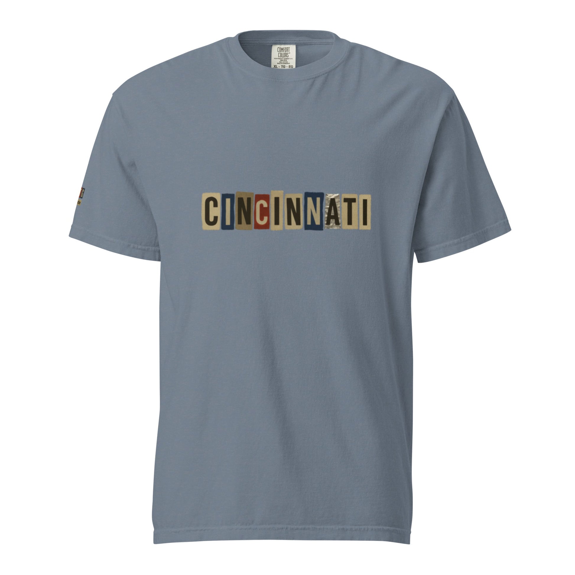 Cincinnati-Unisex garment-dyed heavyweight t-shirt in blue with multicolor block letter design and relaxed fit made of 100% ring-spun cotton