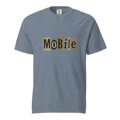 Mobile-Unisex garment-dyed heavyweight t-shirt in blue with "Mobile" text design, 100% ring-spun cotton, relaxed fit.